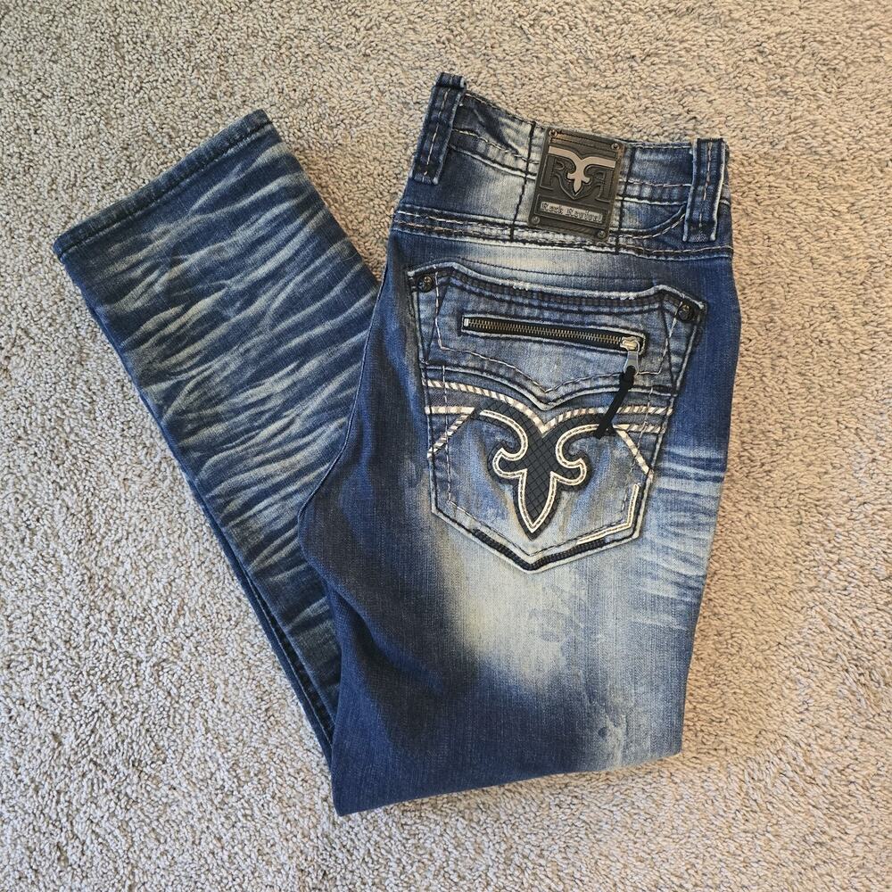 Rock Revival Men's Montell Biker Jeans Size 38x30 Zipper Pockets Distressed